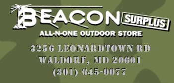 Return Home - Beacon Surplus sells Military Surplus, Canoes and Kayaks, Camping Equipment, Professional Work Wear, Scouting Uniforms, Scouting Supplies, Specialty Boots and Footwear in Waldorf, Maryland (MD).  Carhartt, Old Town, Dagger, Perception, Ocean.